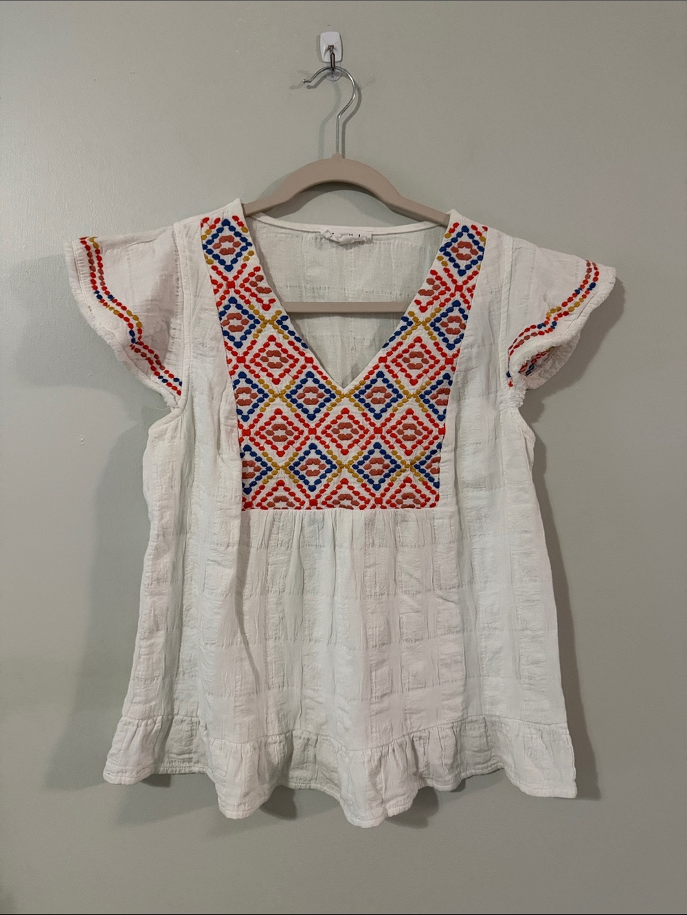 THML White Embroidered V-Neck Tunic with Multicolor Diamond Motif
